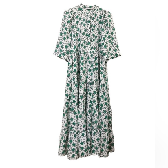 Zara | Cottagecore Green White Floral Tiered Maxi Dress XS - Picture 4 of 16